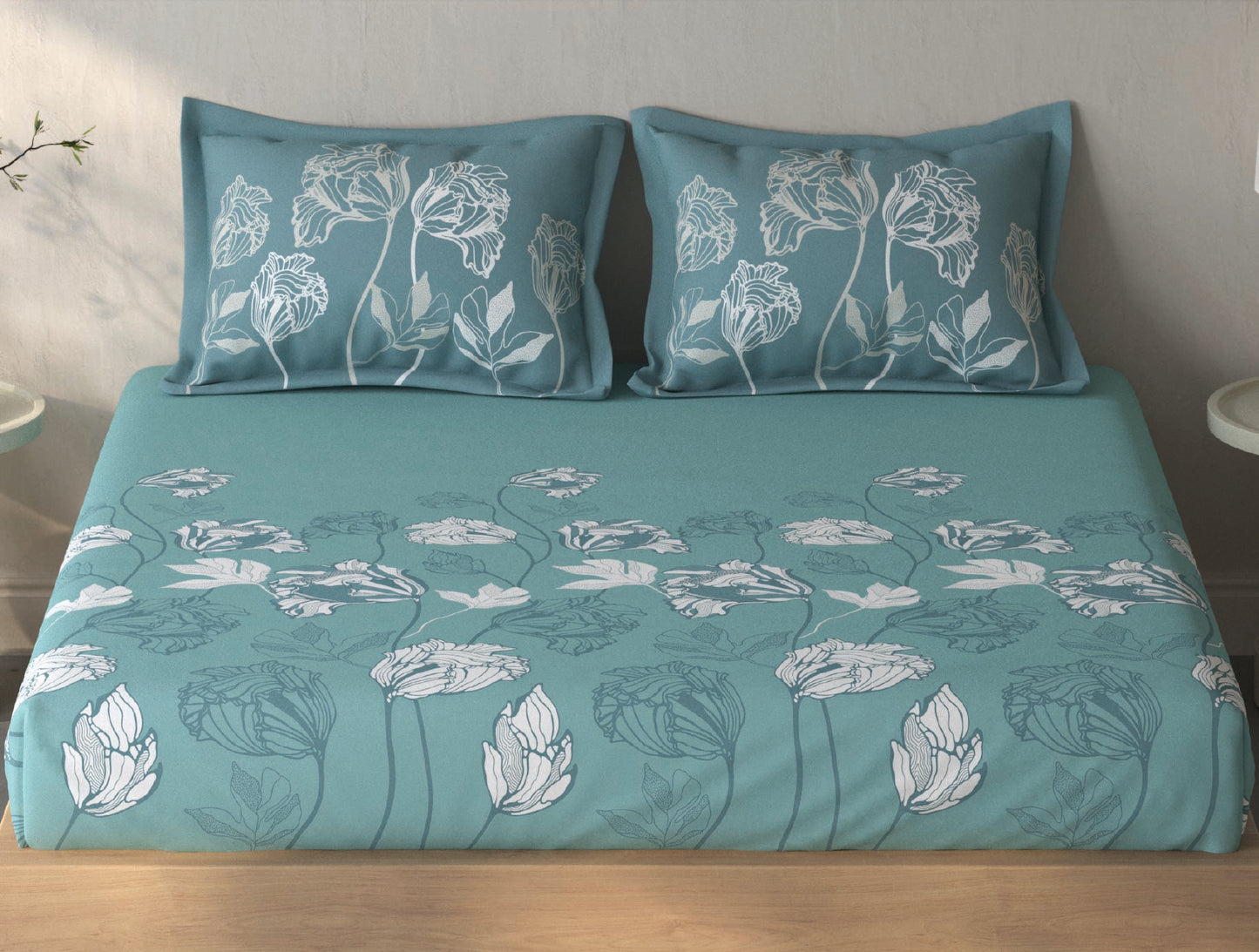 Spaces Fiora Light Teal Floral 100% Cotton Queen Fitted Sheet with 2 Pillow Covers - 60 x 78 Inches