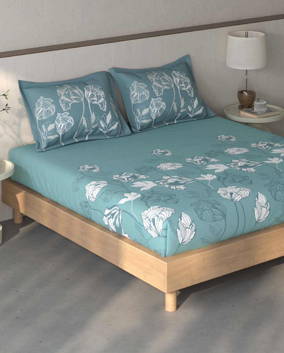 Spaces Fiora Light Teal Floral 100% Cotton Queen Fitted Sheet with 2 Pillow Covers - 60 x 78 Inches