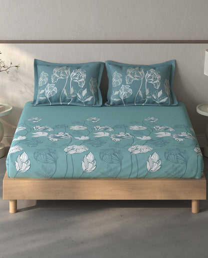 Spaces Fiora Light Teal Floral 100% Cotton Queen Fitted Sheet with 2 Pillow Covers - 60 x 78 Inches
