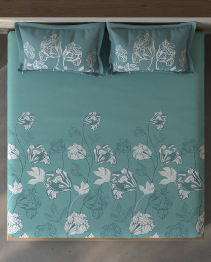 Spaces Fiora Light Teal Floral 100% Cotton Queen Fitted Sheet with 2 Pillow Covers - 60 x 78 Inches