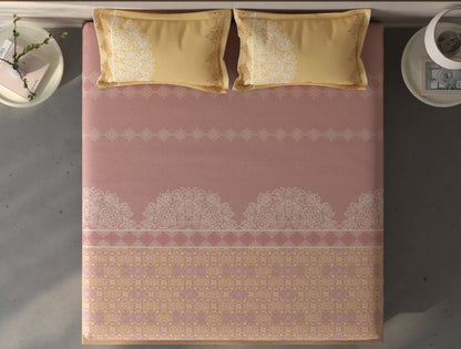 Spaces Fiora Blush Ornate 100% Cotton Queen Fitted Sheet with 2 Pillow Covers - 60 x 78 Inches