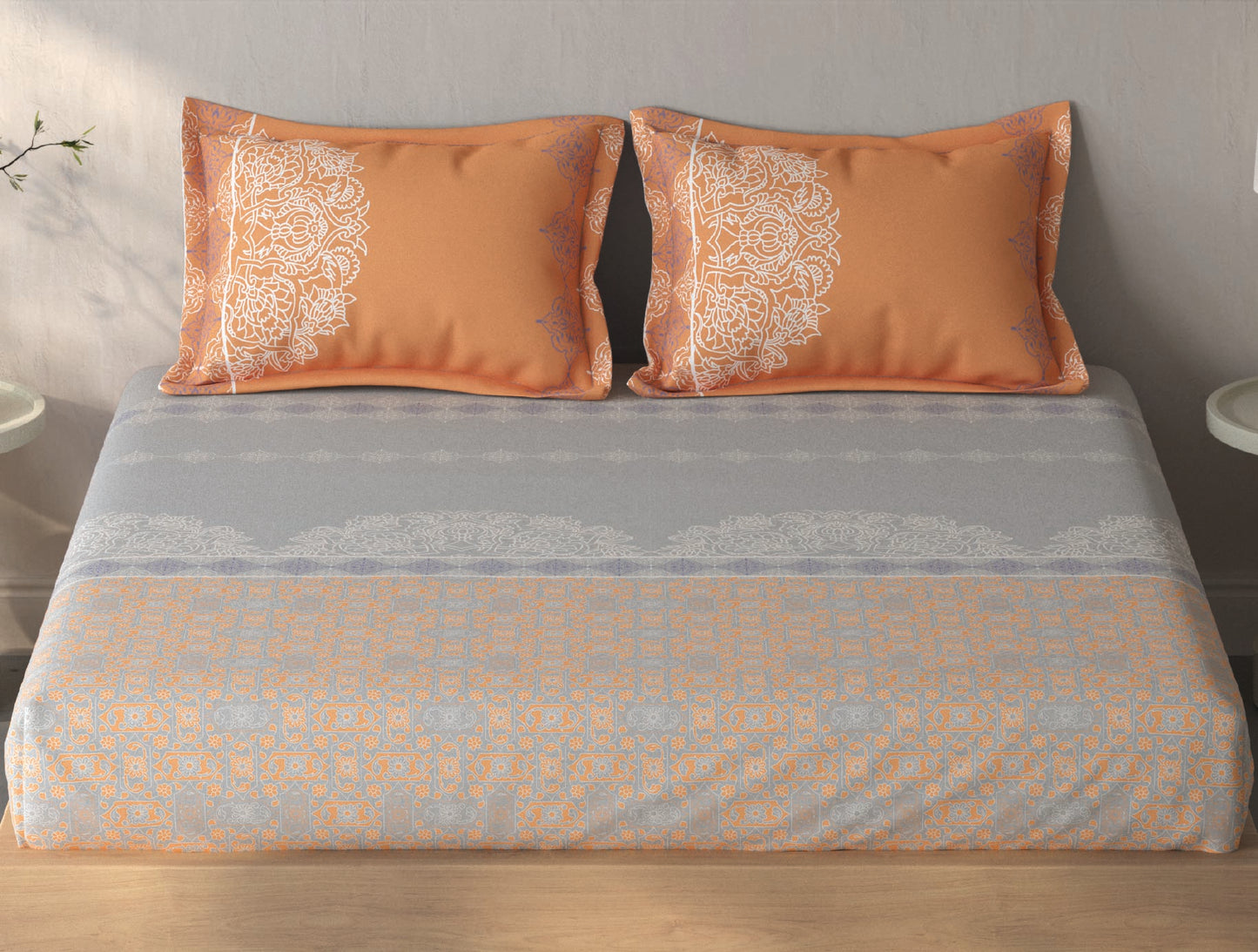 Spaces Fiora Light Grey Ornate Cotton Queen Fitted Sheet with 2 Pillow Covers - 60 x 78 Inches