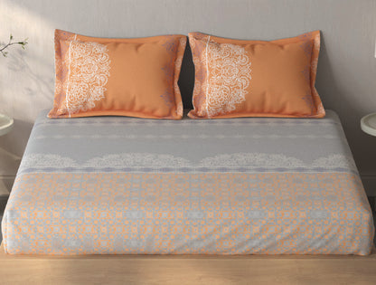 Spaces Fiora Light Grey Ornate Cotton Queen Fitted Sheet with 2 Pillow Covers - 60 x 78 Inches