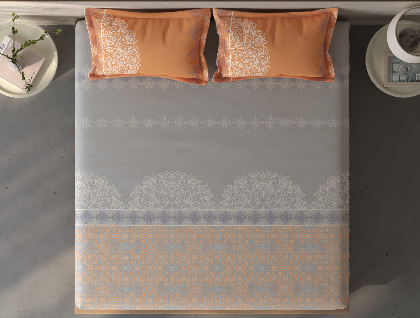 Spaces Fiora Light Grey Ornate Cotton Queen Fitted Sheet with 2 Pillow Covers - 60 x 78 Inches
