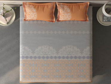 Spaces Fiora Light Grey Ornate Cotton Queen Fitted Sheet with 2 Pillow Covers - 60 x 78 Inches