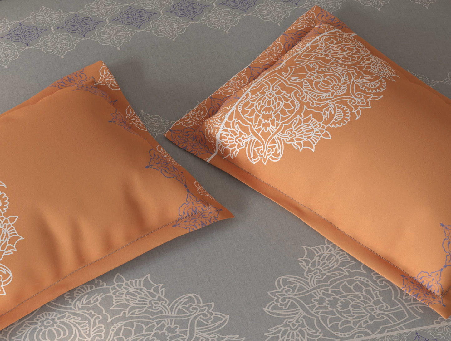Spaces Fiora Light Grey Ornate Cotton Queen Fitted Sheet with 2 Pillow Covers - 60 x 78 Inches