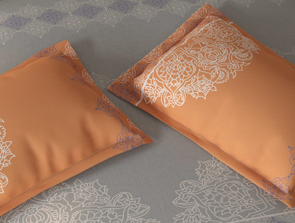 Spaces Fiora Light Grey Ornate Cotton Queen Fitted Sheet with 2 Pillow Covers - 60 x 78 Inches