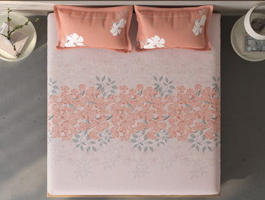 Spaces Fiora Light Pink Floral 100% Cotton Queen Fitted Sheet with 2 Pillow Covers - 60 x 78 Inches