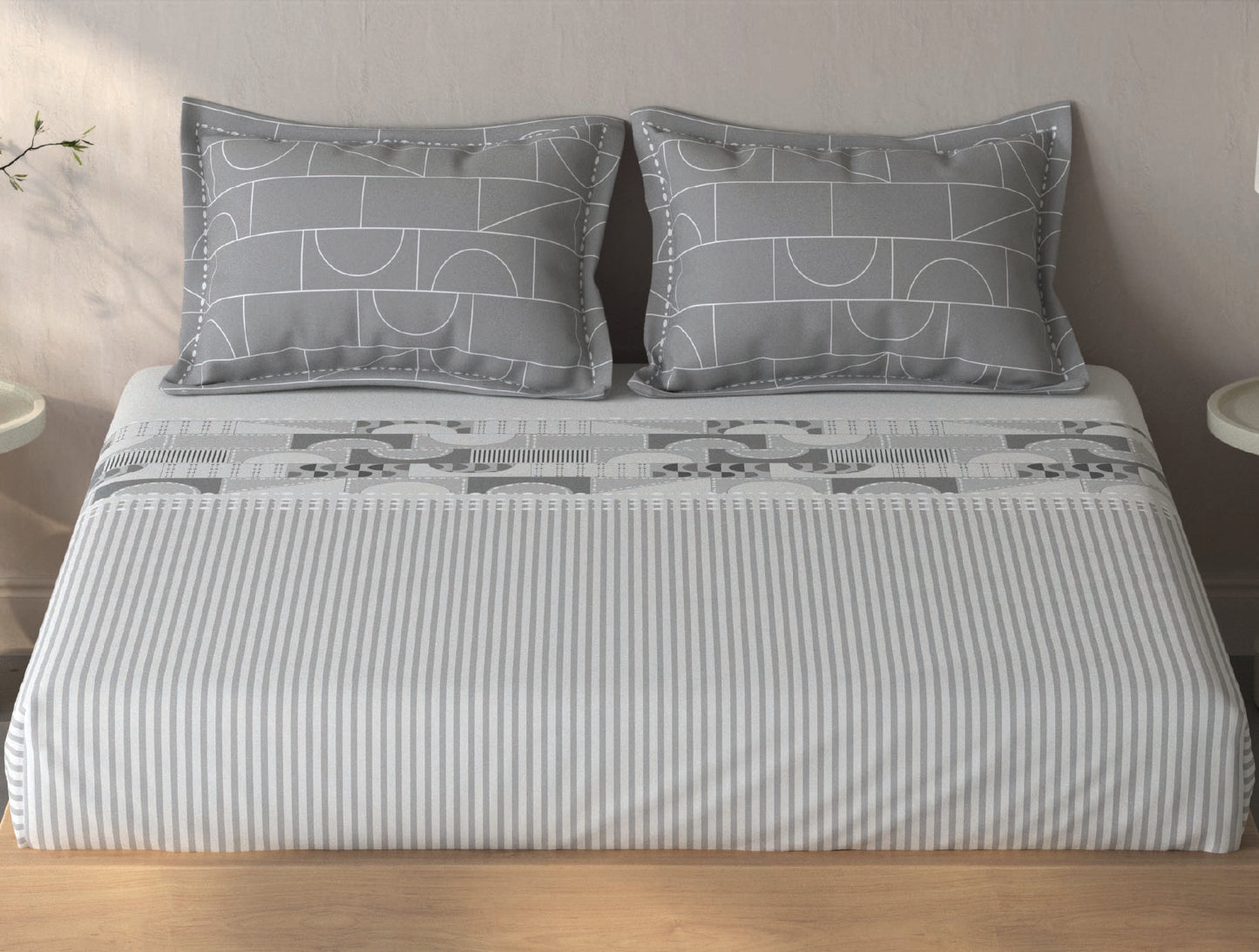 Spaces Fiora Nimbus Cloud Geometric 100% Cotton Queen Fitted Sheet with 2 Pillow Covers - 60 x 78 Inches