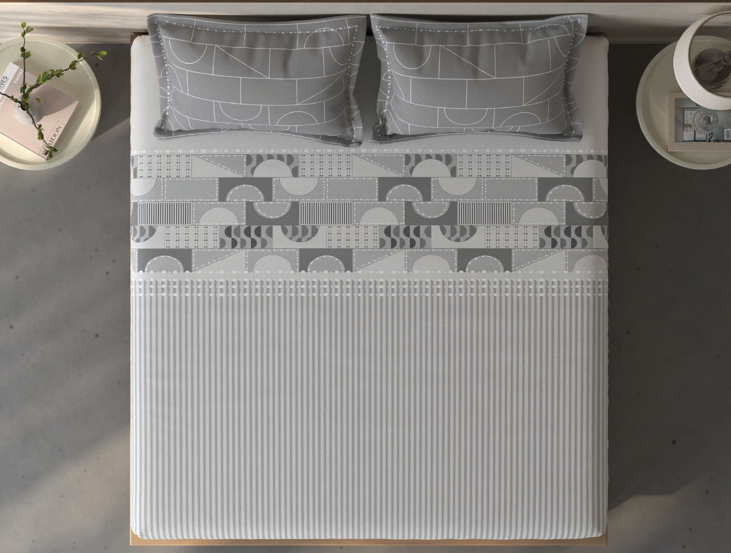 Spaces Fiora Nimbus Cloud Geometric 100% Cotton Queen Fitted Sheet with 2 Pillow Covers - 60 x 78 Inches