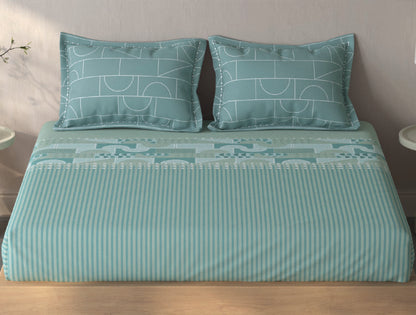 Spaces Fiora Light Green Geometric 100% Cotton Queen Fitted Sheet with 2 Pillow Covers - 60 x 78 Inches