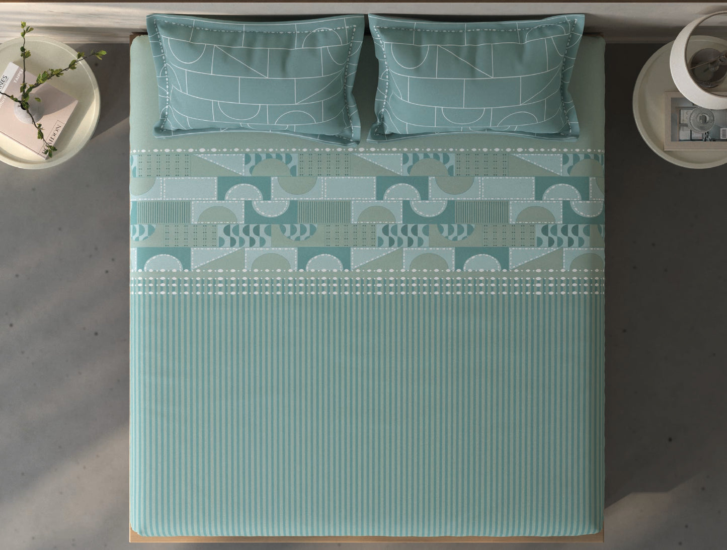 Spaces Fiora Light Green Geometric 100% Cotton Queen Fitted Sheet with 2 Pillow Covers - 60 x 78 Inches