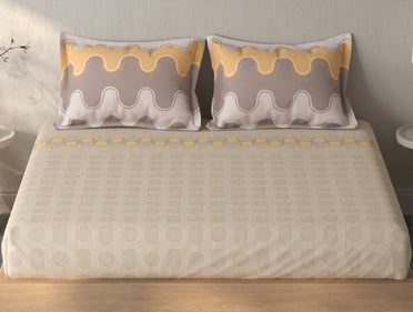 Spaces Fiora Beige Geometric 100% Cotton Queen Fitted Sheet with 2 Pillow Covers - 60 x 78 Inches