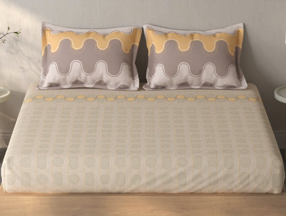Spaces Fiora Beige Geometric 100% Cotton Queen Fitted Sheet with 2 Pillow Covers - 60 x 78 Inches
