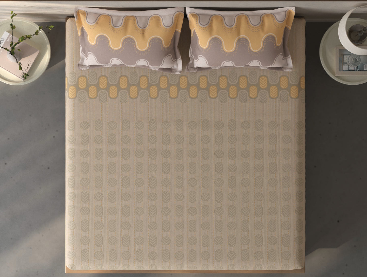 Spaces Fiora Beige Geometric 100% Cotton Queen Fitted Sheet with 2 Pillow Covers - 60 x 78 Inches