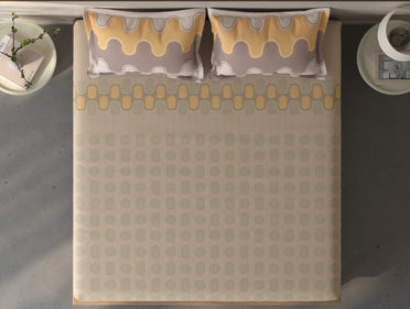 Spaces Fiora Beige Geometric 100% Cotton Queen Fitted Sheet with 2 Pillow Covers - 60 x 78 Inches
