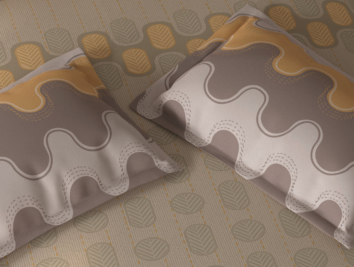 Spaces Fiora Beige Geometric 100% Cotton Queen Fitted Sheet with 2 Pillow Covers - 60 x 78 Inches