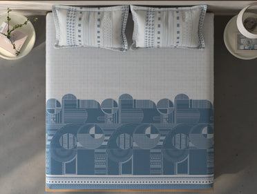 Spaces Fiora Grey Geometric Cotton Queen Fitted Sheet with 2 Pillow Covers - 60 x 78 Inches