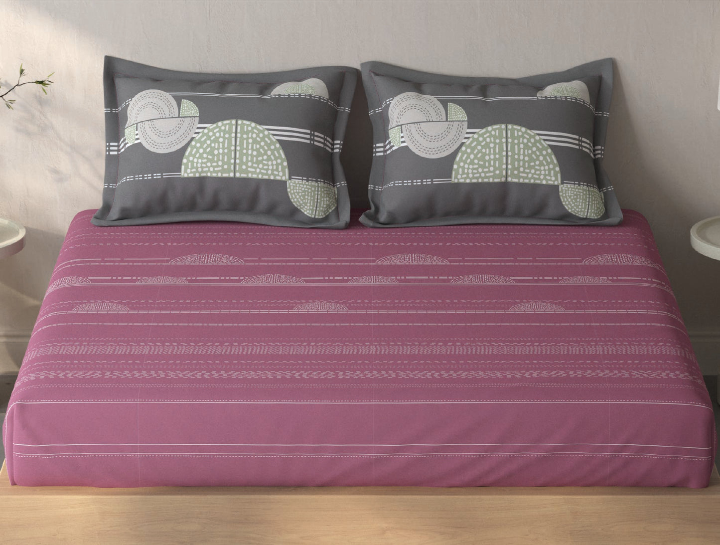 Spaces Fiora Dark Blush Geometric 100% Cotton Queen Fitted Sheet with 2 Pillow Covers - 60 x 78 Inches
