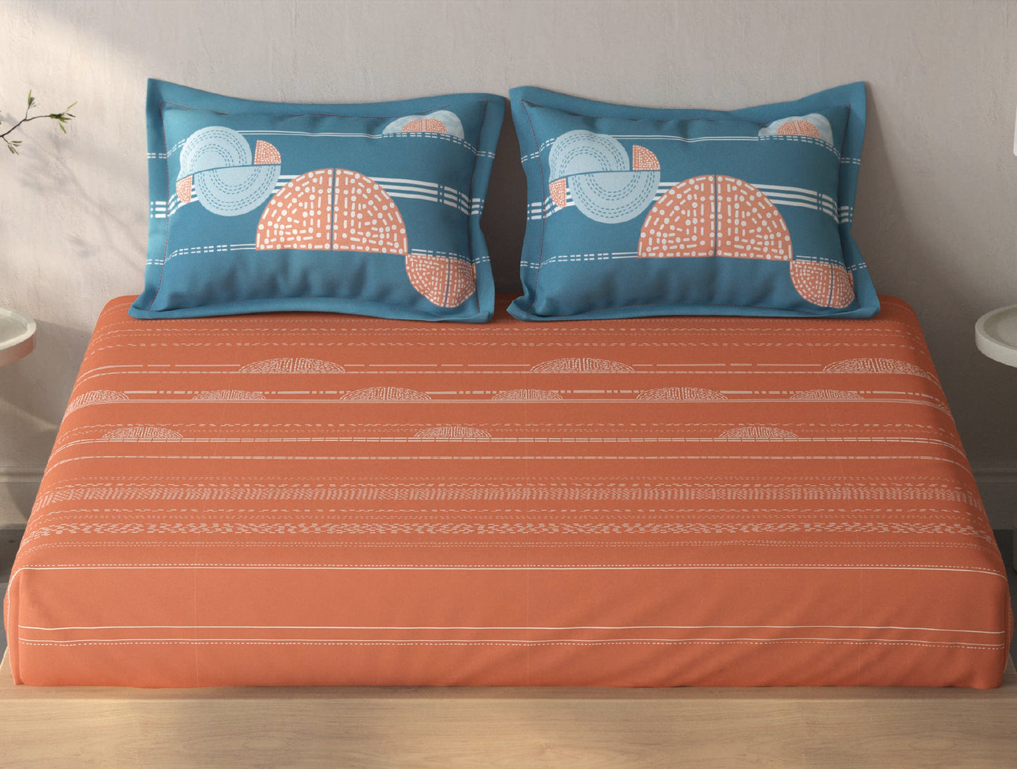 Spaces Fiora Rust Geometric 100% Cotton Queen Fitted Sheet with 2 Pillow Covers - 60 x 78 Inches