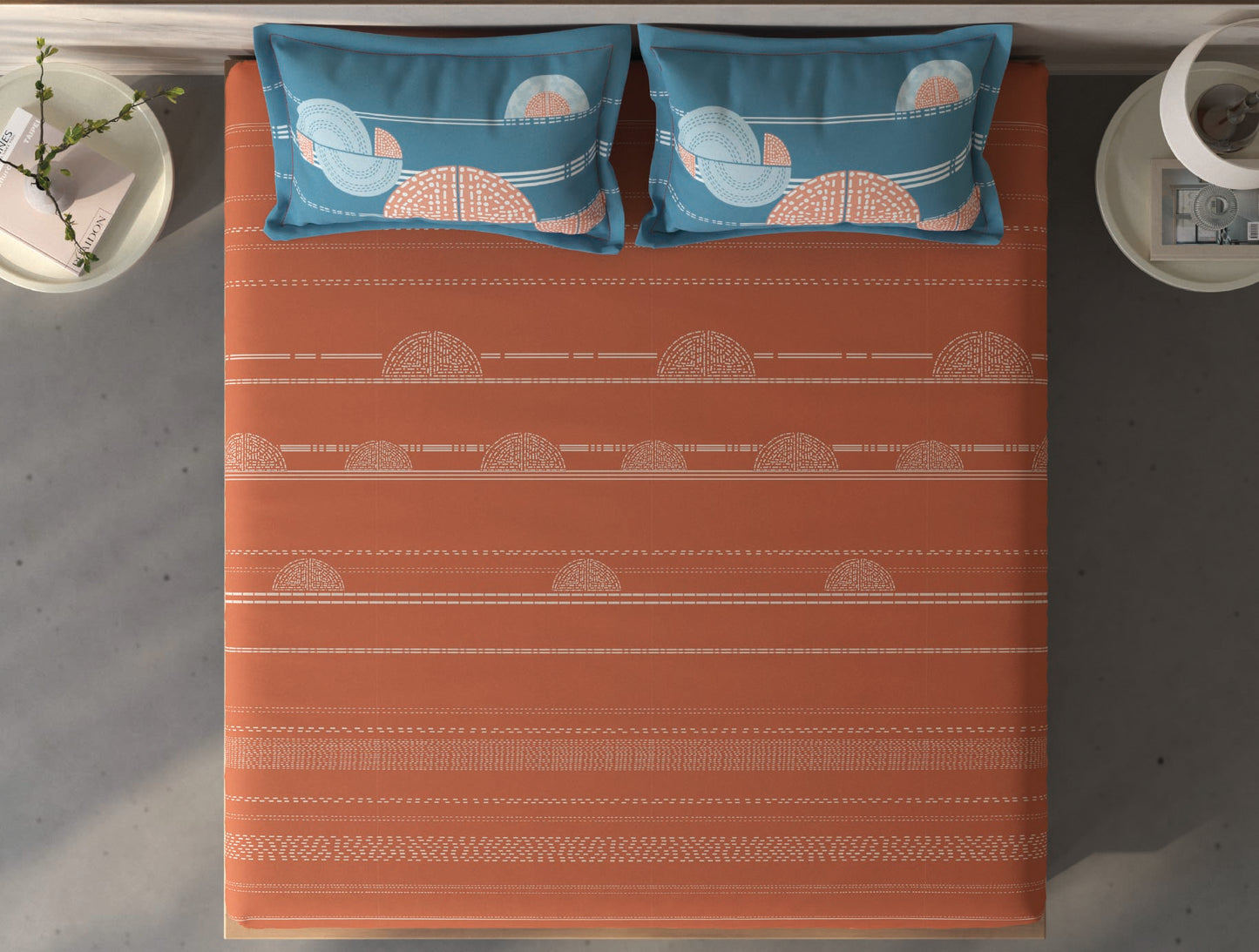 Spaces Fiora Rust Geometric 100% Cotton Queen Fitted Sheet with 2 Pillow Covers - 60 x 78 Inches