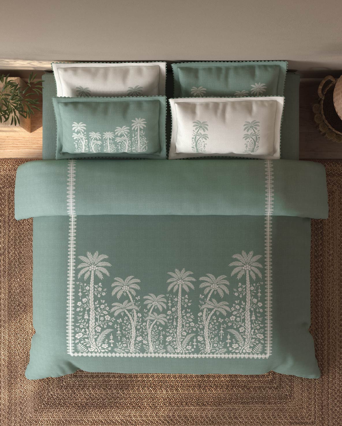 Spaces Riviera Jadeite Floral 100% Cotton Crafted Comfort Large Bedsheet with 4 Pillow Covers - 108 x 108 Inches