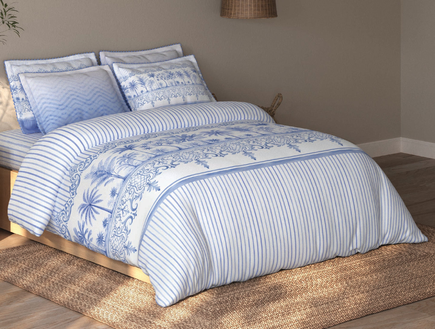 Spaces Riviera Light Blue Floral 100% Cotton Crafted Comfort Large Bedsheet with 4 Pillow Covers - 108 x 108 Inches