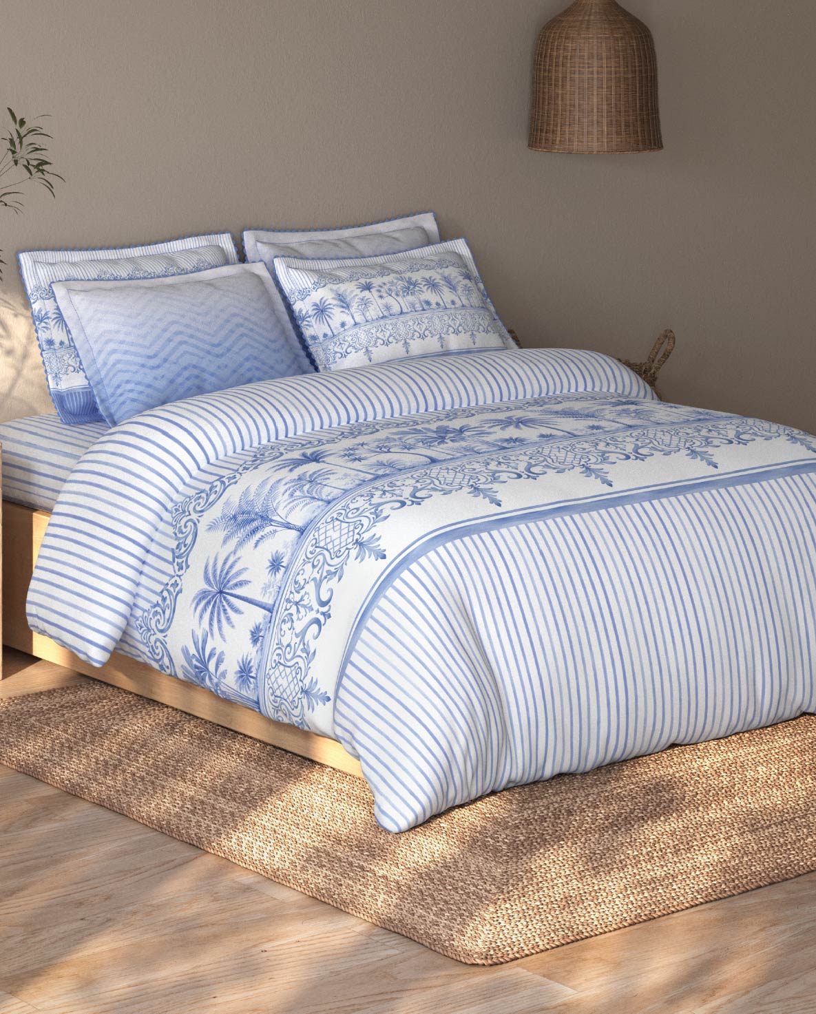 Spaces Riviera Light Blue Floral 100% Cotton Crafted Comfort Large Bedsheet with 4 Pillow Covers - 108 x 108 Inches