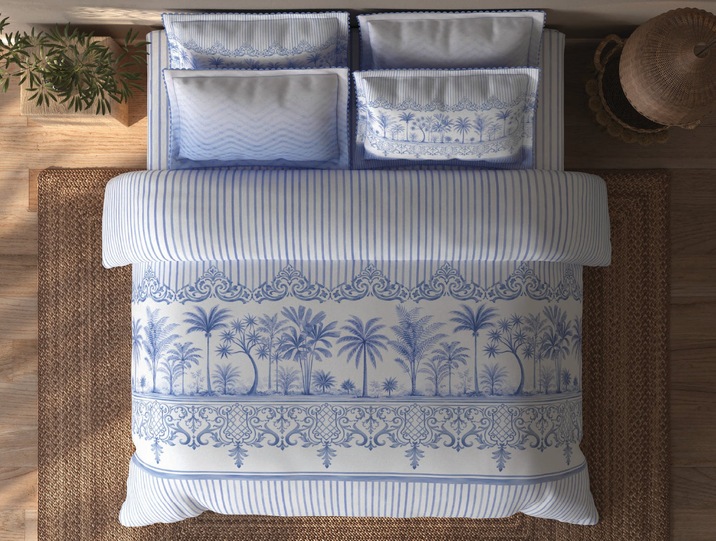 Spaces Riviera Light Blue Floral 100% Cotton Crafted Comfort Large Bedsheet with 4 Pillow Covers - 108 x 108 Inches
