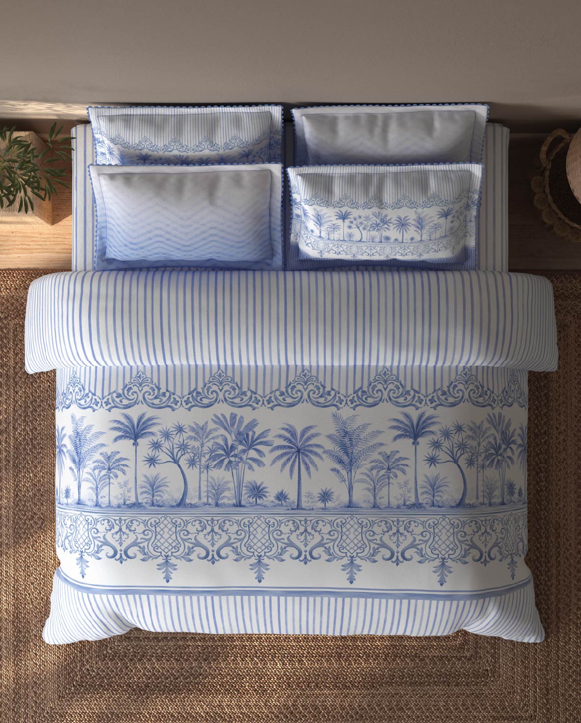 Spaces Riviera Light Blue Floral 100% Cotton Crafted Comfort Large Bedsheet with 4 Pillow Covers - 108 x 108 Inches