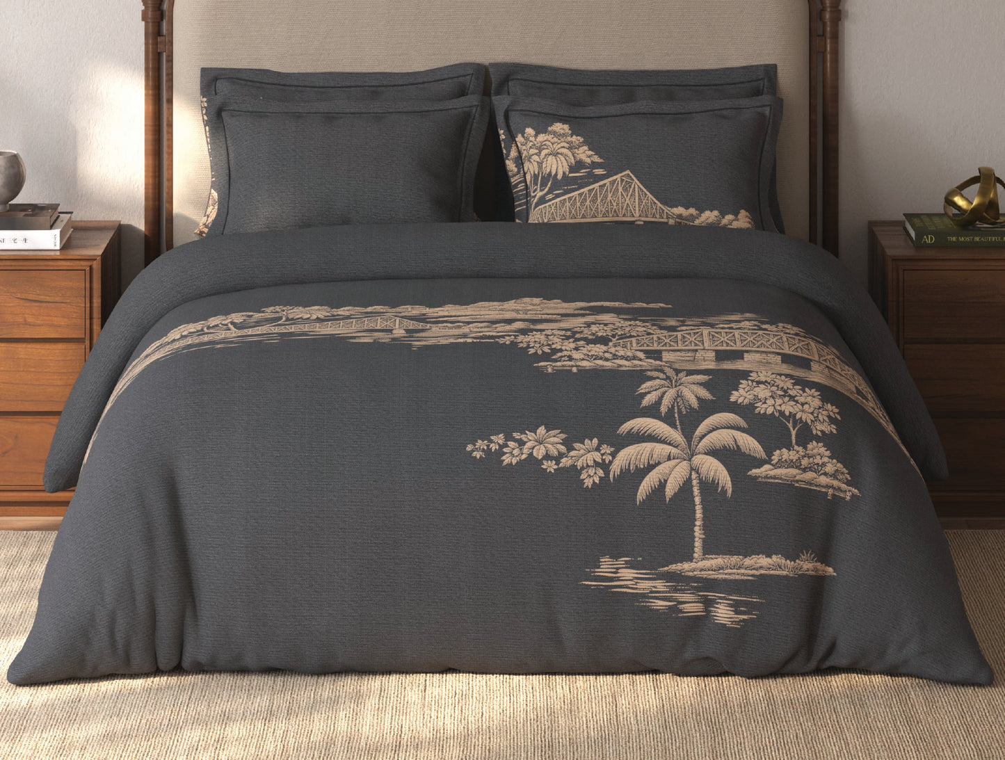 Spaces Riviera Dark Grey Floral 100% Cotton Crafted Comfort Large Bedsheet with 4 Pillow Covers - 108 x 108 Inches