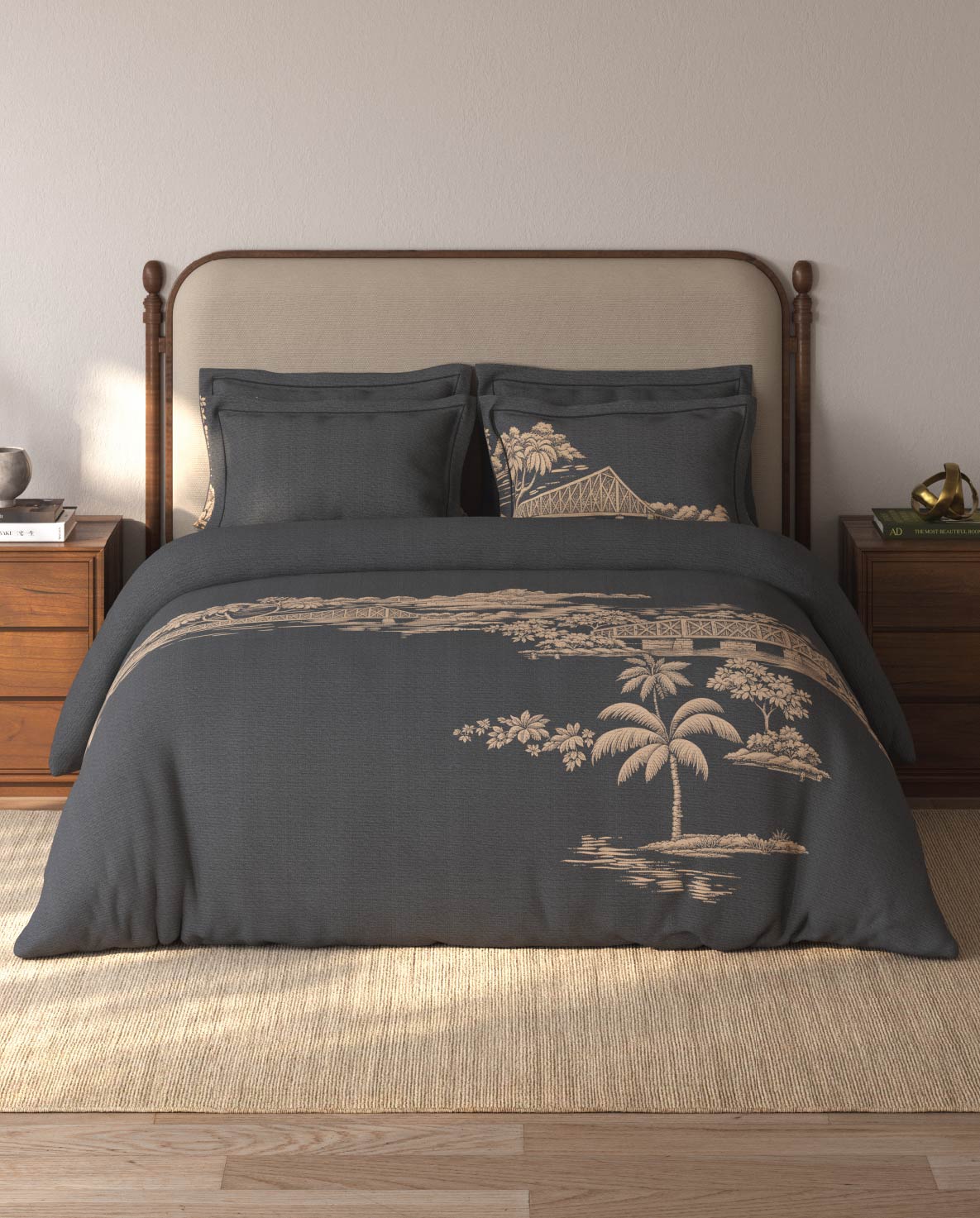 Spaces Riviera Dark Grey Floral 100% Cotton Crafted Comfort Large Bedsheet with 4 Pillow Covers - 108 x 108 Inches