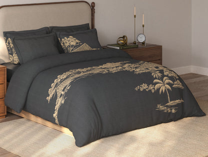 Spaces Riviera Dark Grey Floral 100% Cotton Crafted Comfort Large Bedsheet with 4 Pillow Covers - 108 x 108 Inches