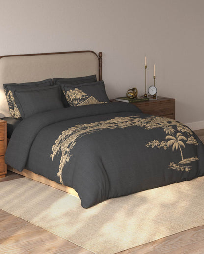 Spaces Riviera Dark Grey Floral 100% Cotton Crafted Comfort Large Bedsheet with 4 Pillow Covers - 108 x 108 Inches