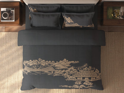 Spaces Riviera Dark Grey Floral 100% Cotton Crafted Comfort Large Bedsheet with 4 Pillow Covers - 108 x 108 Inches