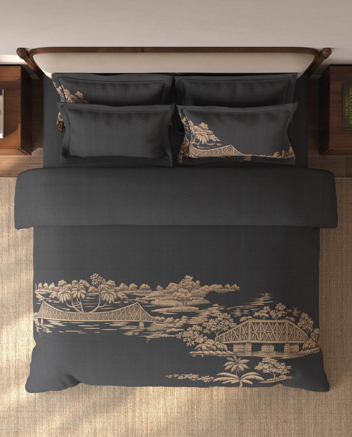 Spaces Riviera Dark Grey Floral 100% Cotton Crafted Comfort Large Bedsheet with 4 Pillow Covers - 108 x 108 Inches