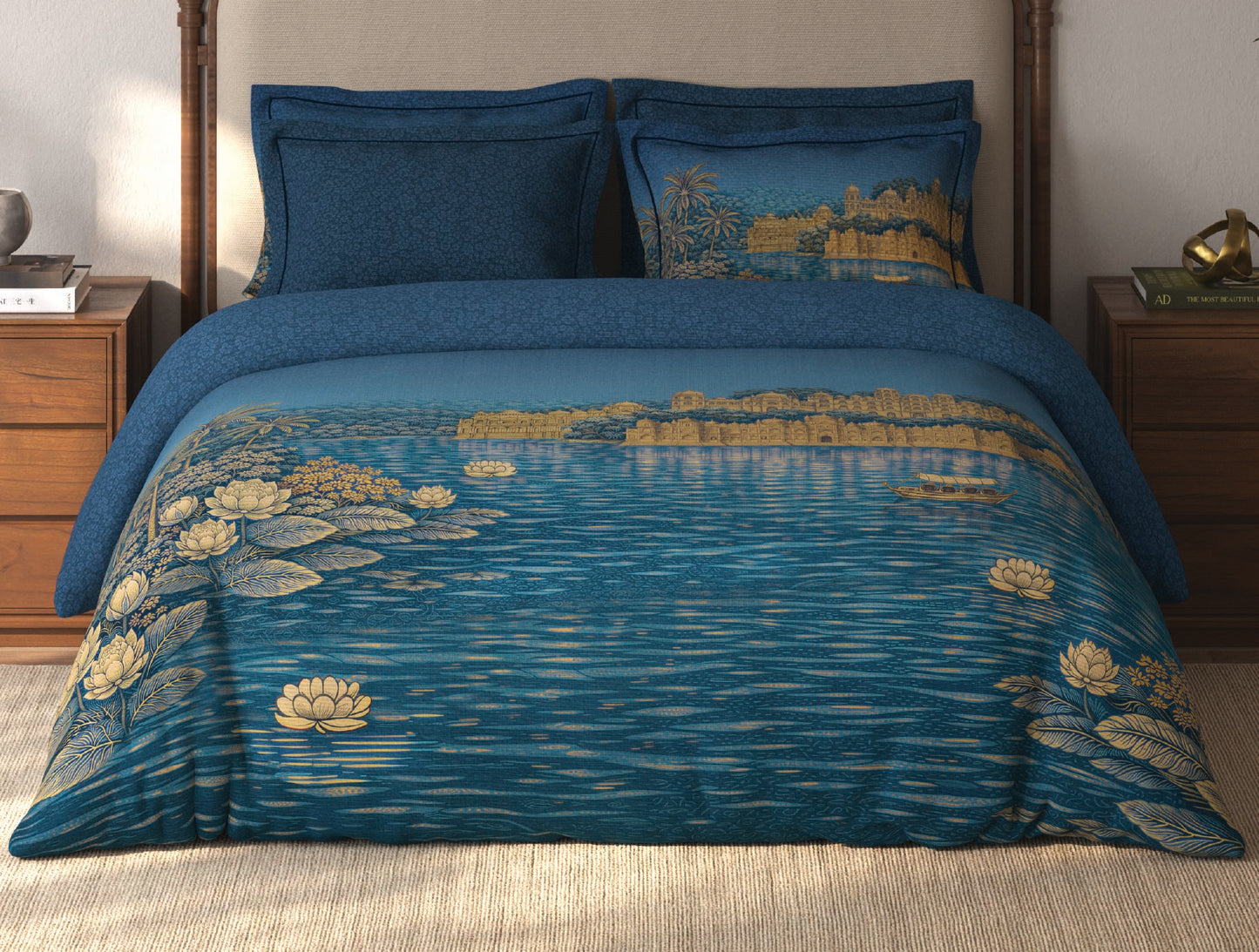 Spaces Riviera Dark Blue Floral 100% Cotton Crafted Comfort Large Bedsheet with 4 Pillow Covers - 108 x 108 Inches