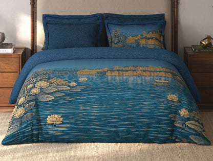 Spaces Riviera Dark Blue Floral 100% Cotton Crafted Comfort Large Bedsheet with 4 Pillow Covers - 108 x 108 Inches