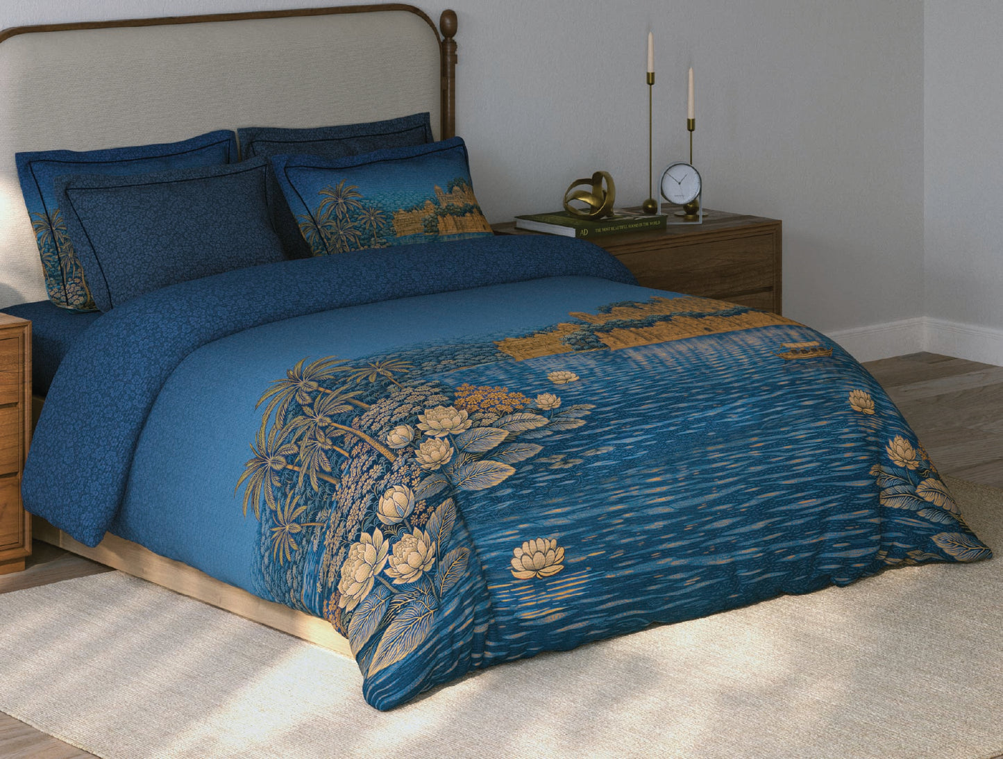 Spaces Riviera Dark Blue Floral 100% Cotton Crafted Comfort Large Bedsheet with 4 Pillow Covers - 108 x 108 Inches