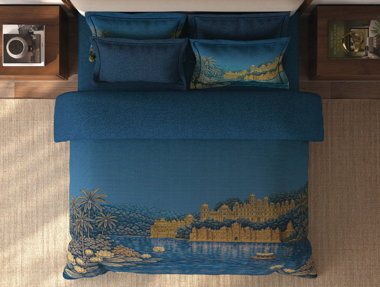 Spaces Riviera Dark Blue Floral 100% Cotton Crafted Comfort Large Bedsheet with 4 Pillow Covers - 108 x 108 Inches