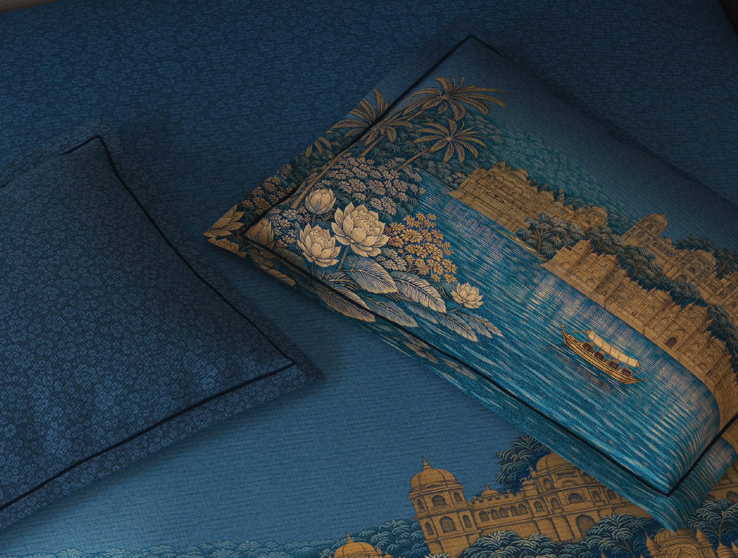 Spaces Riviera Dark Blue Floral 100% Cotton Crafted Comfort Large Bedsheet with 4 Pillow Covers - 108 x 108 Inches