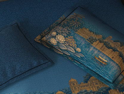 Spaces Riviera Dark Blue Floral 100% Cotton Crafted Comfort Large Bedsheet with 4 Pillow Covers - 108 x 108 Inches