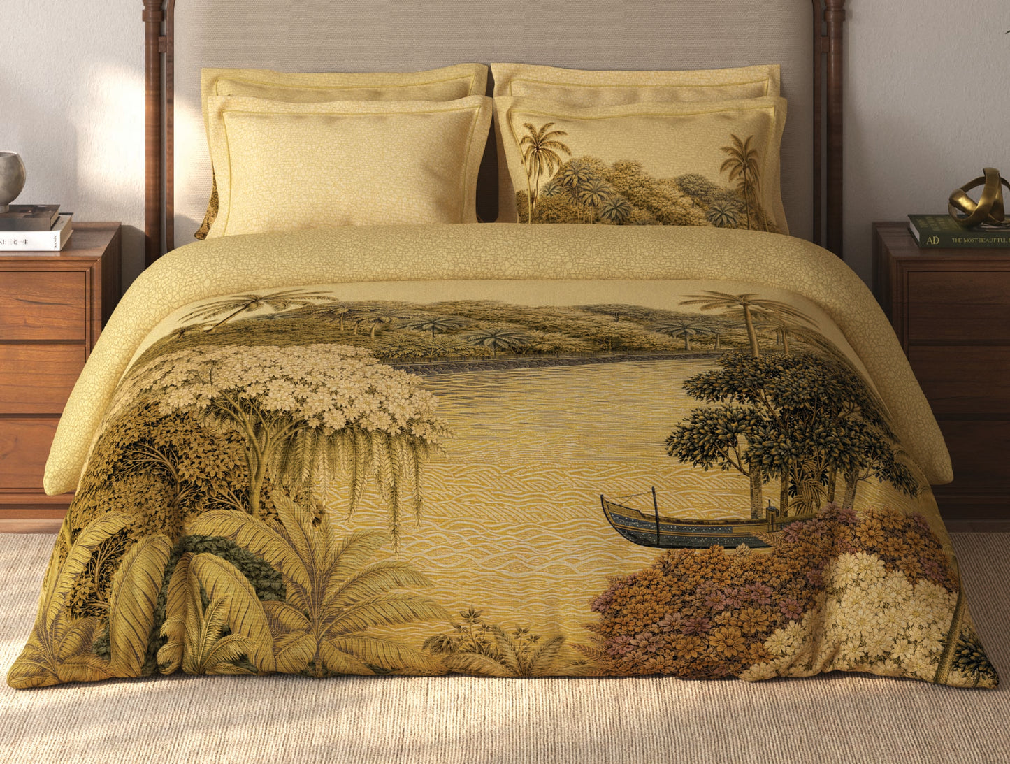 Spaces Riviera Yellow Floral 100% Cotton Crafted Comfort Large Bedsheet with 4 Pillow Covers - 108 x 108 Inches