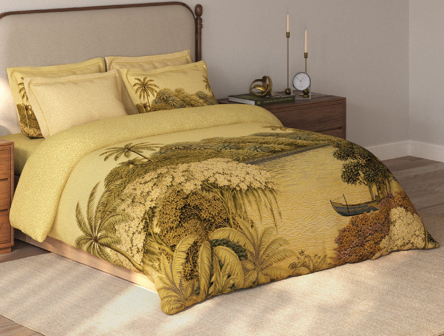Spaces Riviera Yellow Floral 100% Cotton Crafted Comfort Large Bedsheet with 4 Pillow Covers - 108 x 108 Inches