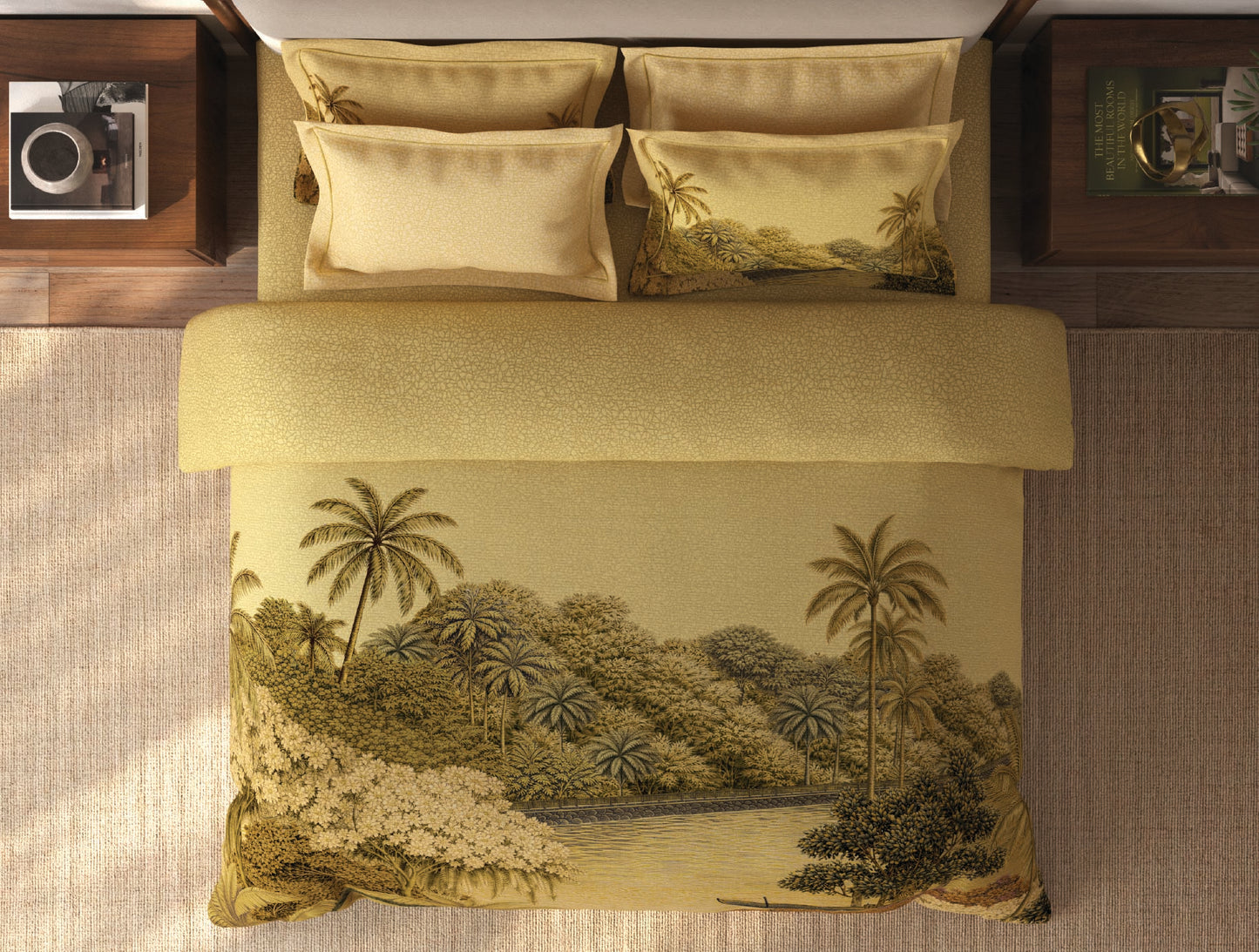 Spaces Riviera Yellow Floral 100% Cotton Crafted Comfort Large Bedsheet with 4 Pillow Covers - 108 x 108 Inches