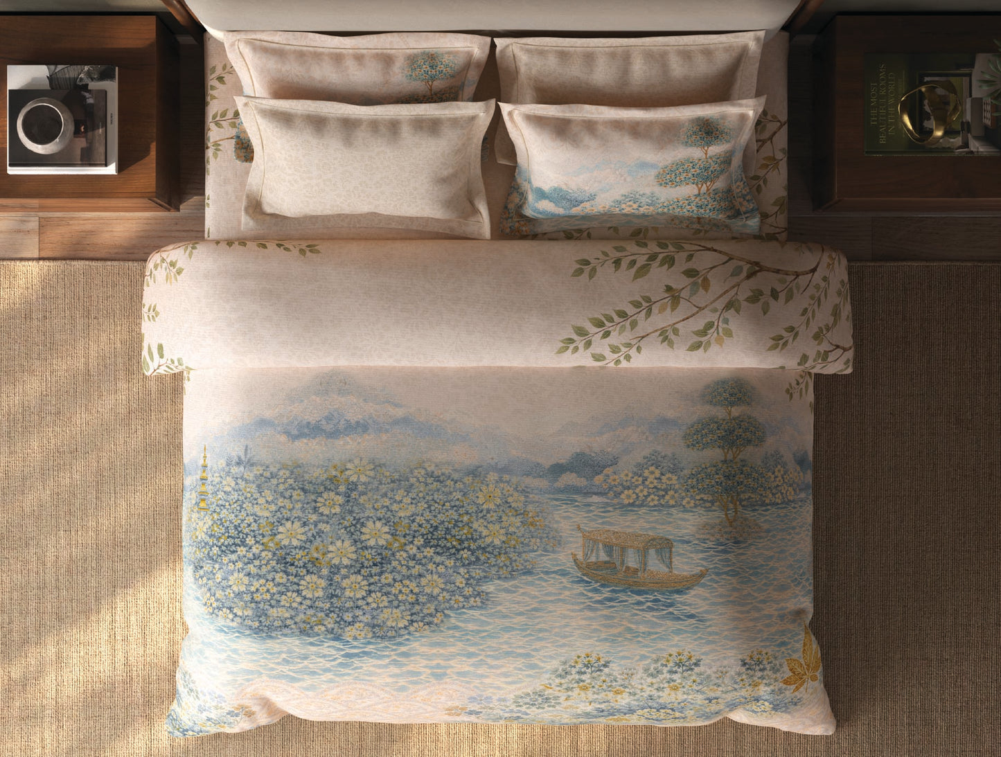 Spaces Riviera Light Orange Floral 100% Cotton Crafted Comfort Large Bedsheet with 4 Pillow Covers - 108 x 108 Inches
