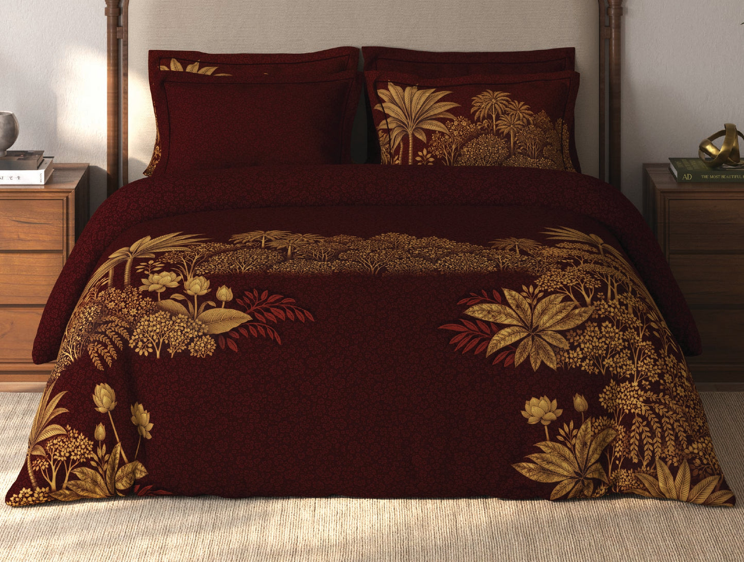 Spaces Riviera Red Floral 100% Cotton Crafted Comfort Large Bedsheet with 4 Pillow Covers - 108 x 108 Inches