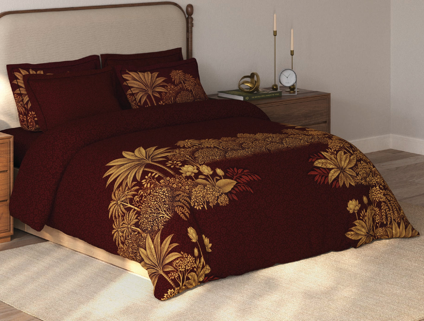 Spaces Riviera Red Floral 100% Cotton Crafted Comfort Large Bedsheet with 4 Pillow Covers - 108 x 108 Inches