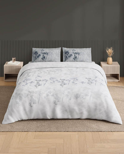 Spaces Neo White Floral 100% Cotton Large Bedsheet with 2 Pillow Covers - 108 x 108 Inches