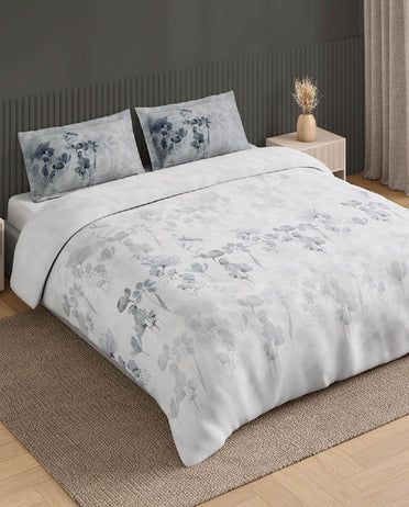 Spaces Neo White Floral 100% Cotton Large Bedsheet with 2 Pillow Covers - 108 x 108 Inches